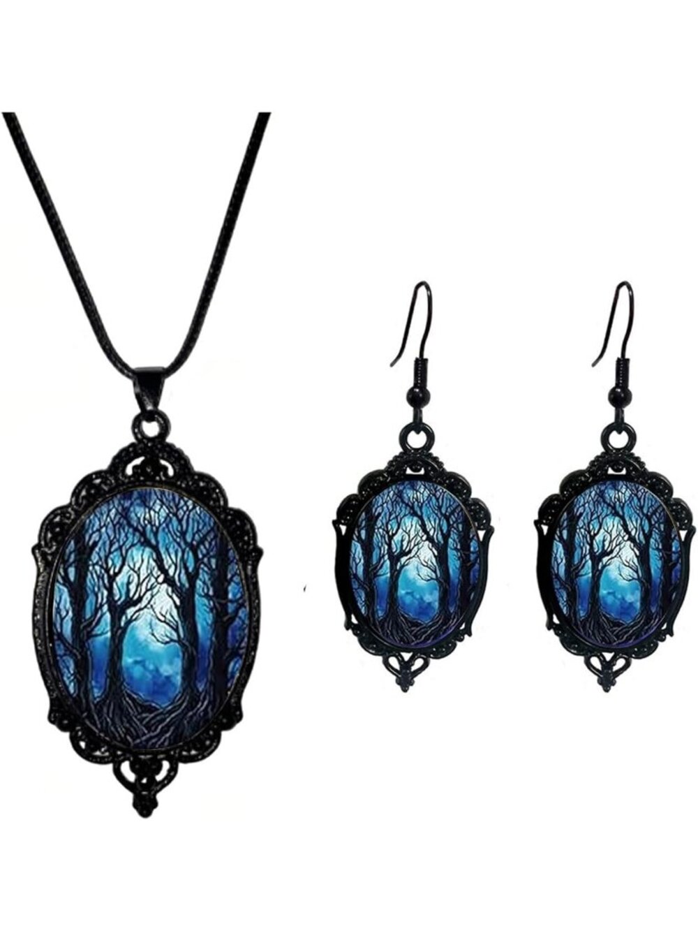 Vintage Gothic Raven Bat Witch Jewelry Set Cameo Necklace Earrings-D1:Tree